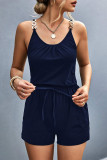 Sexy Simplicity Solid Metal Accessories Decoration Fold U Neck Loose Rompers