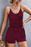 Sexy Simplicity Solid Metal Accessories Decoration Fold U Neck Loose Rompers