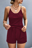 Sexy Simplicity Solid Metal Accessories Decoration Fold U Neck Loose Rompers
