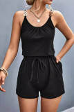 Sexy Simplicity Solid Metal Accessories Decoration Fold U Neck Loose Rompers