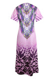 Casual Vintage National Totem Print Slit O Neck Short Sleeve Dresses