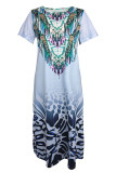 Casual Vintage National Totem Print Slit O Neck Short Sleeve Dresses