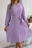Elegant Print Flowers Frenulum Pleated O Neck A Line Dresses
