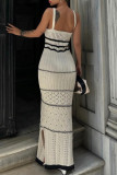 Sexy Striped Contrast Weave Square Collar One Step Skirt Dresses