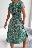 Casual Print Flowers Frenulum Pleated O Neck A Line Dresses