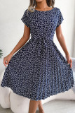 Casual Print Flowers Frenulum Pleated O Neck A Line Dresses