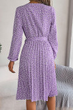 Elegant Print Flowers Frenulum Pleated O Neck A Line Dresses