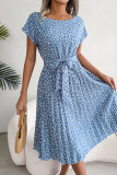 Casual Print Flowers Frenulum Pleated O Neck A Line Dresses