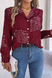 Casual Letter Print Contrast Turn-back Collar Tops
