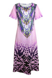 Casual Vintage National Totem Print Slit O Neck Short Sleeve Dresses