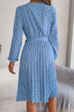 Elegant Print Flowers Frenulum Pleated O Neck A Line Dresses