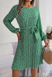 Elegant Print Flowers Frenulum Pleated O Neck A Line Dresses