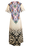 Casual Vintage National Totem Print Slit O Neck Short Sleeve Dresses