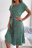 Casual Print Flowers Frenulum Pleated O Neck A Line Dresses