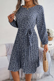 Elegant Print Flowers Frenulum Pleated O Neck A Line Dresses