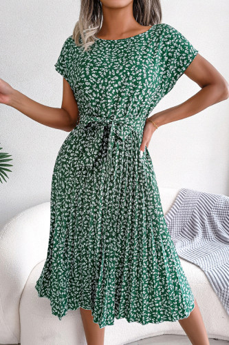 Casual Print Flowers Frenulum Pleated O Neck A Line Dresses