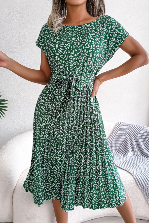 Casual Print Flowers Frenulum Pleated O Neck A Line Dresses