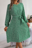 Elegant Print Flowers Frenulum Pleated O Neck A Line Dresses