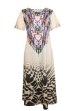 Casual Vintage National Totem Print Slit O Neck Short Sleeve Dresses