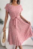 Casual Print Flowers Frenulum Pleated O Neck A Line Dresses