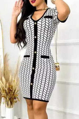 Celebrities Elegant Striped Print Buttons V Neck Wrapped Skirt Dresses