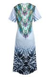 Casual Vintage National Totem Print Slit O Neck Short Sleeve Dresses