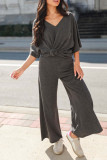 Casual Simplicity Solid Pocket V Neck Short Sleeve Two Pieces