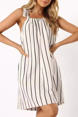 Casual Striped Print Frenulum With Bow U Neck Sling Dresses