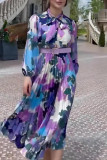 Vintage Elegant Floral With Belt Pleated Scarf Collar Printed Dresses