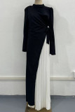 Elegant Solid Frenulum Contrast Pleated Half A Turtleneck A Line Dresses