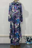 Vintage Elegant Floral With Belt Pleated Scarf Collar Printed Dresses