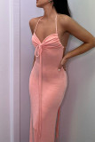Sexy Solid Backless Strap Design Halter One Step Skirt Dresses