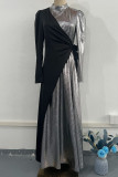 Elegant Color Block Sequins Frenulum Contrast Half A Turtleneck A Line Dresses