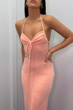 Sexy Solid Backless Strap Design Halter One Step Skirt Dresses