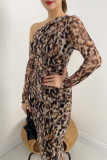 Elegant College Print Leopard Stringy Selvedge Oblique Collar One Step Skirt Dresses