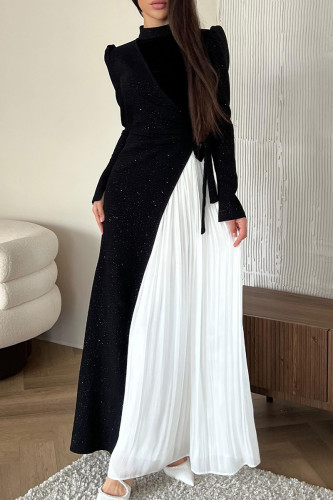 Elegant Solid Frenulum Contrast Pleated Half A Turtleneck A Line Dresses