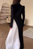 Elegant Solid Frenulum Contrast Pleated Half A Turtleneck A Line Dresses