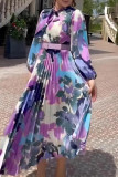 Vintage Elegant Floral With Belt Pleated Scarf Collar Printed Dresses