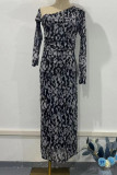 Elegant College Print Leopard Stringy Selvedge Oblique Collar One Step Skirt Dresses