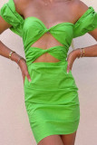 Sexy Solid Hollowed Out Fold Off the Shoulder Wrapped Skirt Dresses