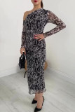 Elegant College Print Leopard Stringy Selvedge Oblique Collar One Step Skirt Dresses
