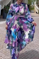Vintage Elegant Floral With Belt Pleated Scarf Collar Printed Dresses