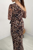 Elegant College Print Leopard Stringy Selvedge Oblique Collar One Step Skirt Dresses