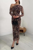Elegant College Print Leopard Stringy Selvedge Oblique Collar One Step Skirt Dresses