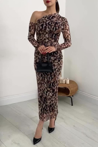 Elegant College Print Leopard Stringy Selvedge Oblique Collar One Step Skirt Dresses