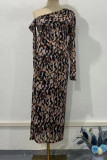 Elegant College Print Leopard Stringy Selvedge Oblique Collar One Step Skirt Dresses