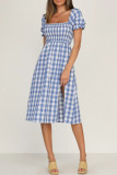 Sweet Elegant Plaid Print Slit Square Collar A Line Short Sleeve Dress