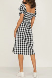 Sweet Elegant Plaid Print Slit Square Collar A Line Short Sleeve Dress