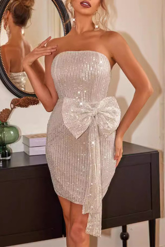 Sexy Formal Solid Sequins Sequined With Bow Strapless Evening Dresses