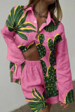 Casual Floral Pocket Turndown Collar Long Sleeve Two Pieces